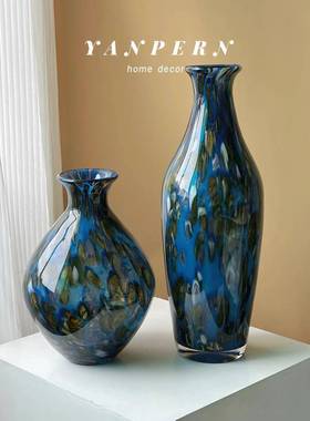 新CHJ中式现代蓝瓶翎色客厅玄关板桌轻奢水培花样房桌面餐摆件玻