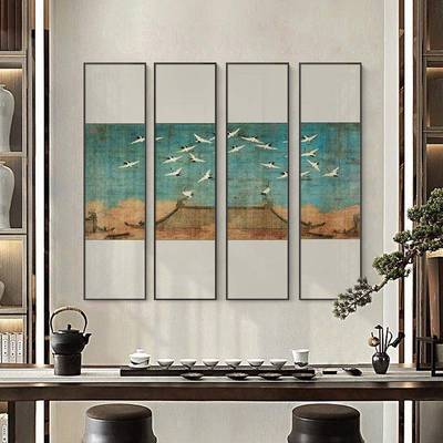 中式酒新背景FLM墙装店饰画鹤图客厅玄关走廊竖版长条多联组瑞合