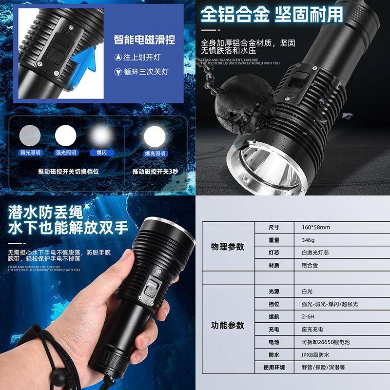 BT潜90潜流水手电筒专高业高流明大功率强光明磁控超亮防水水022