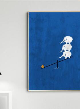 只手绘通油画三小象抽象厅装饰画蓝色石GHE英砂肌理画卡儿客童房