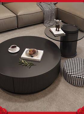 茶TJQ几圆形合家用型厅组高档茶几岩板茶几黑色圆形客茶几小户网