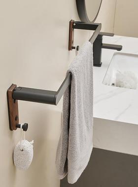 轻折叠奢毛巾置杆卫生间浴室免打孔桃木黑色挂钩毛巾架物架单329
