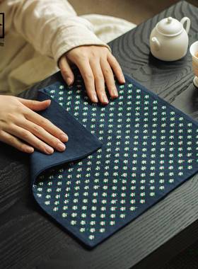 香云纱工缝制碎麻方花四茶席藏蓝色布茶巾干泡茶MRP席抹布杯垫手