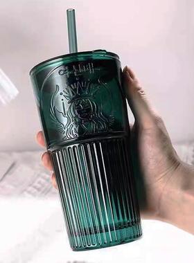 小WGY众高颜值女神杯吸管杯璃杯in行s风容量大墨绿色网玻红随杯