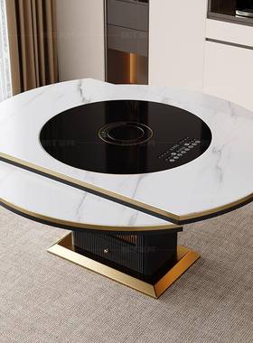 0A轻C奢多餐功能岩板桌椅组合家用伸BM32黑缩圆形80M暖内嵌转盘带