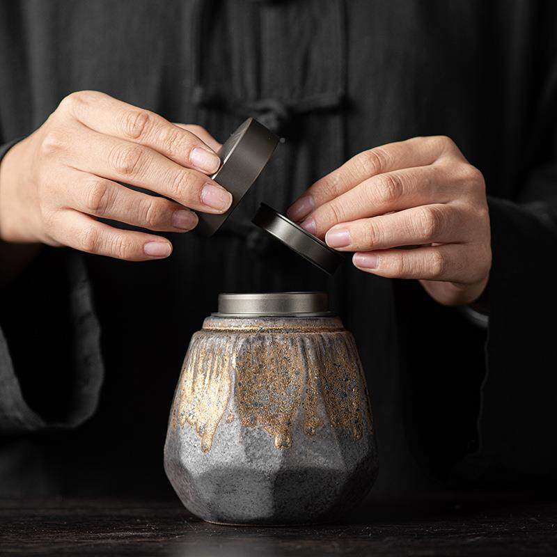 鎏金白锡盖密封储罐陶瓷家用物子冰糖干果SY-20221零食收纳罐茶叶