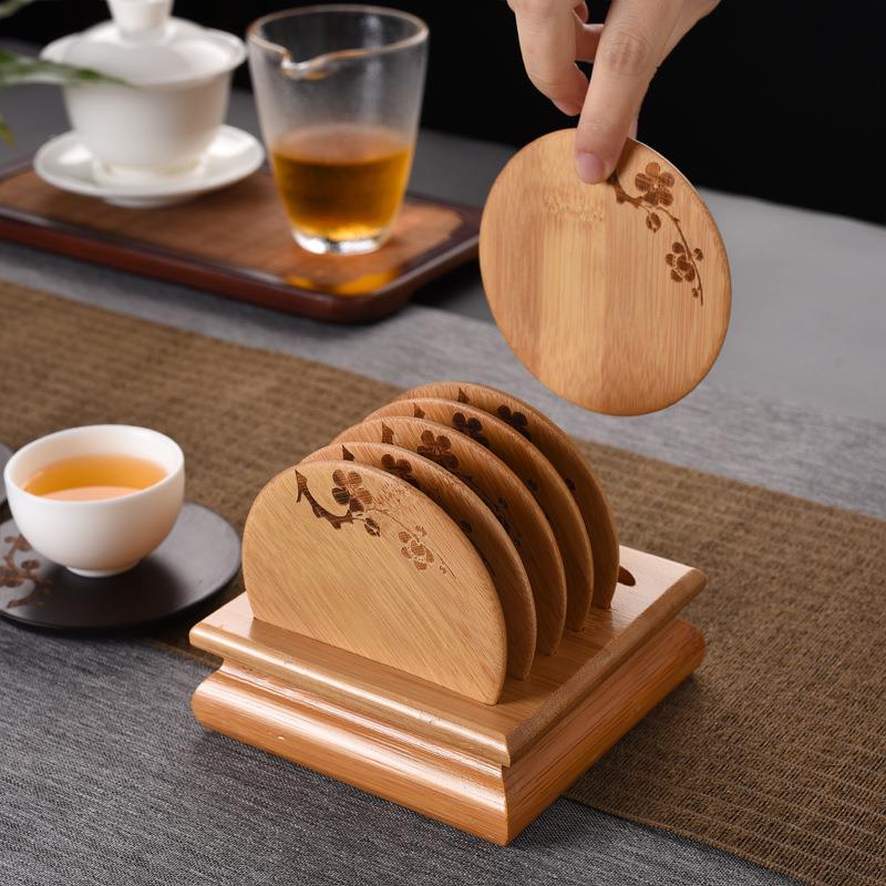竹制梅花杯套组日隔式茶250杯垫防滑热垫具配件茶垫杯托日式复茶
