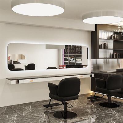 横-挂板烫染大镜美发单店镜子理发通店专用壁挂面带灯镜台岩台面