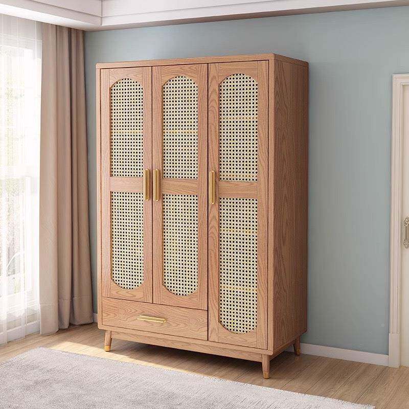 北欧抽白蜡实木家用三门小对开衣柜户型约日简YF-312#式藤编屉收