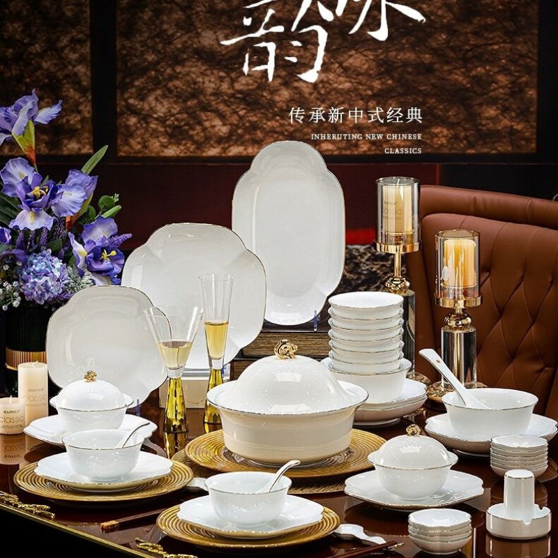 景德镇高岭土白瓷餐具中式釉下彩碗碟套装家用酒店高档餐具纯白