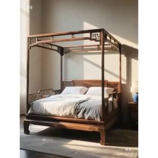 新式中北美黑MDE胡桃木架子床式美柱学极简拔步床家用卧室宋实木