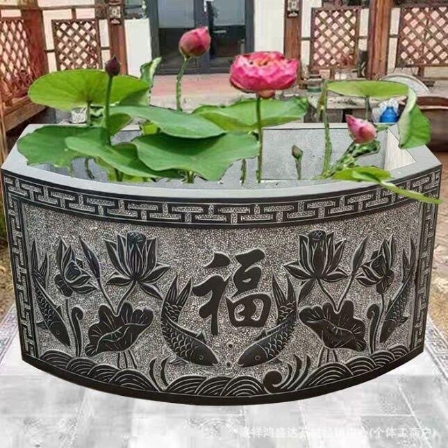 青石雕刻仿古长方鱼缸别墅庭院养鱼石缸摆件家用荷花缸青石鱼缸