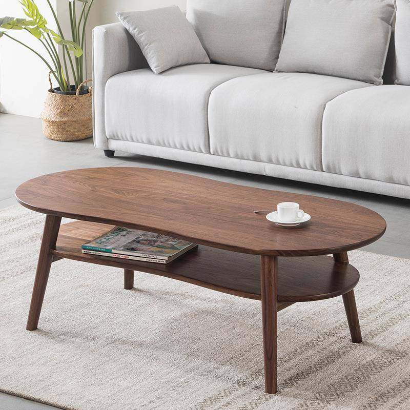 北美黑胡桃木实木双层茶几樱桃木小户型日简约椭圆花生形茶几