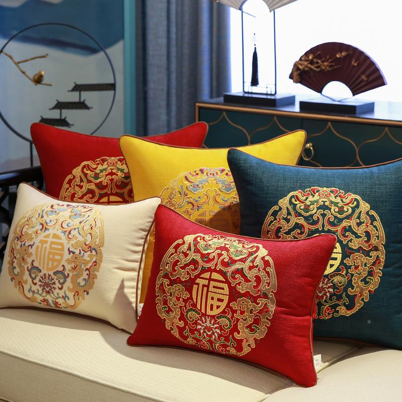 中式D2541红沙发木抱枕靠垫套中国风刺厅绣福字客背腰枕床头靠包