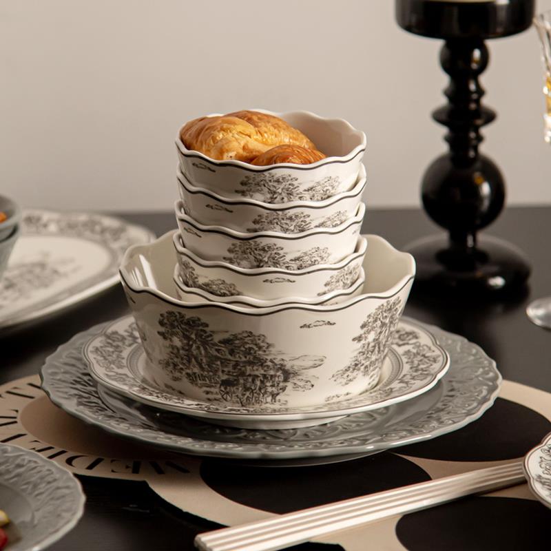 法式覆古碗碟迁餐FRB具浮餐雕盘子碗级感家高用陶瓷碗盘西餐乔盘