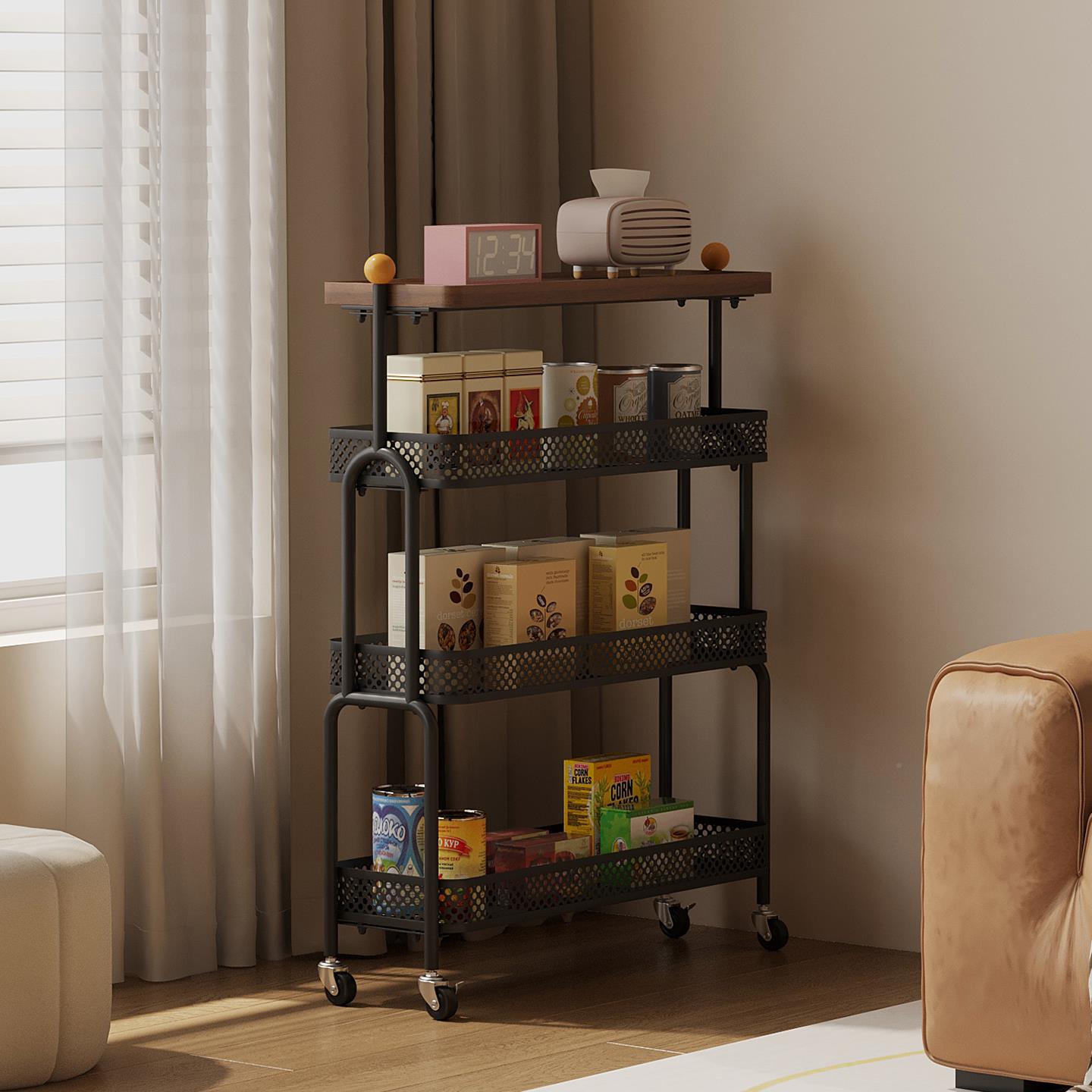 可移动中古级客沙风发C244沙发边几窄缝多层收纳小推厅车迷你简约