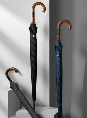 左士7656都木柄厚把长直黑色雨伞超大号加固加抗风暴自动伞男家用