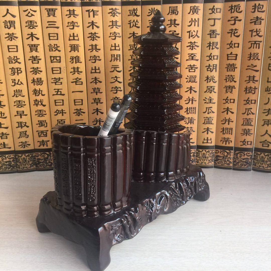 直播黑檀品木雕文昌塔笔室筒桌面摆件中文昌塔笔式产复古办公装饰