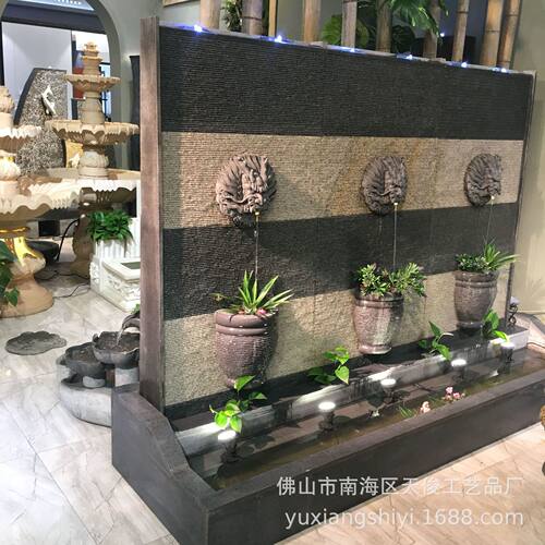花岗岩石雕龙头喷水水幕墙景观