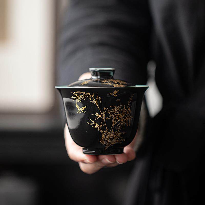 墨己玄黑釉盖碗仿竹泡茶古碗防子烫主泡碗mjtc家用内外釉盖茶具碗