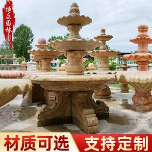 理石欧式喷泉园流水大景观石雕林广石雕喷泉场黄锈晚霞石红花盆水