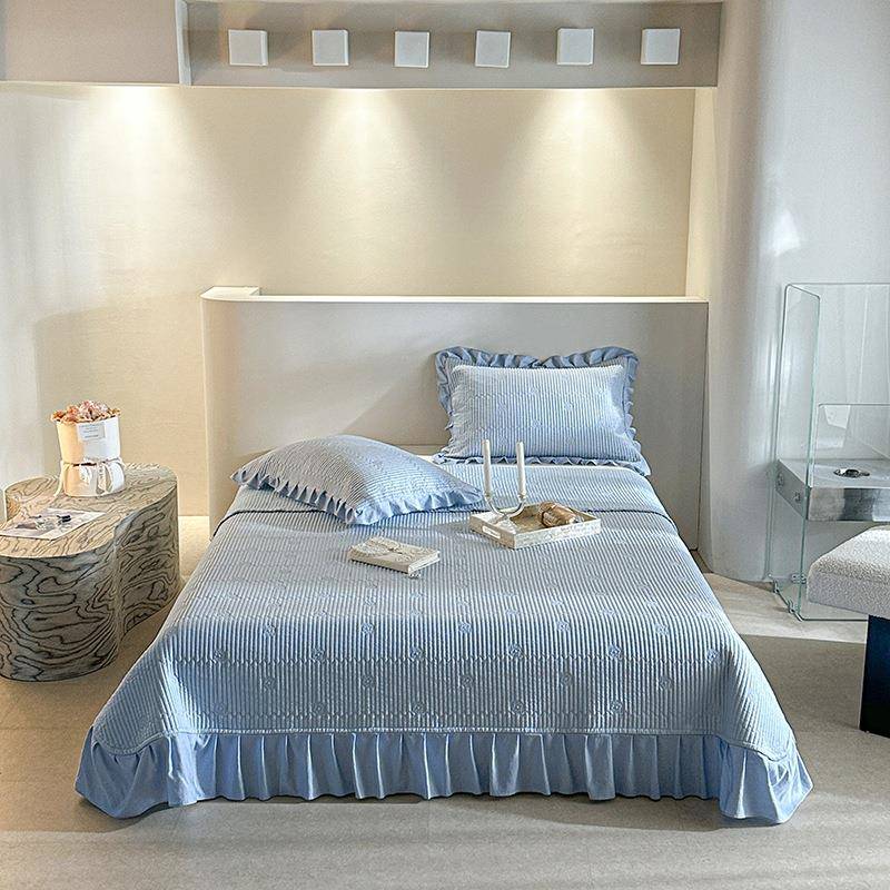 厚夏天可机洗纯色6支兰精0天丝床盖三件20451防套加绗缝皱加棉床