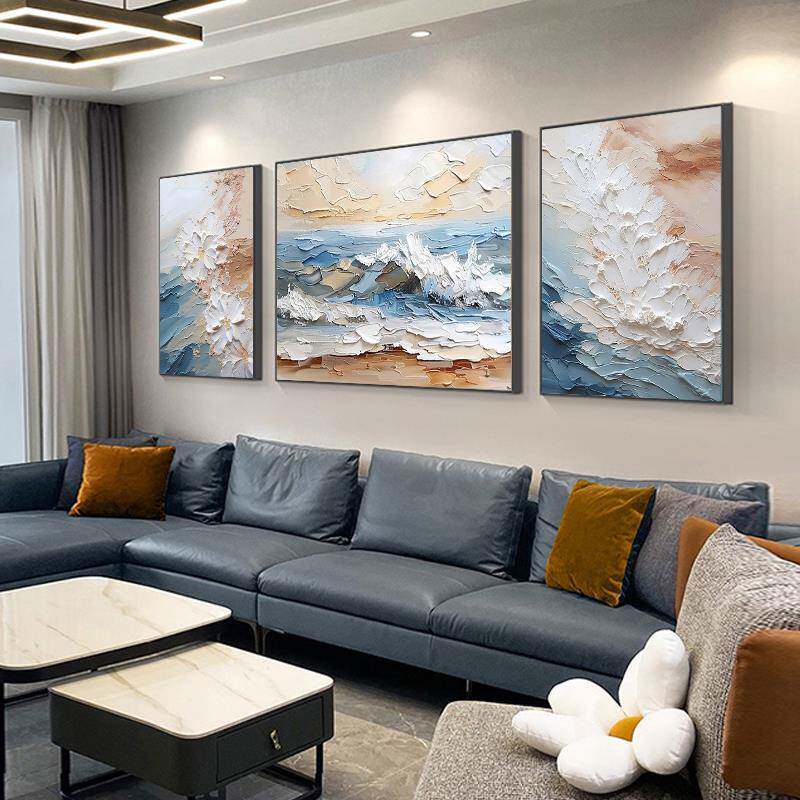 大芬油花画村客厅海浪装画三联卉海上花沙发画背景壁横幅抽象饰现