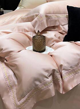 丝棉高档纯色四上件XVZ套蕾丝花边春夏床空用天品镂边结婚陪嫁粉