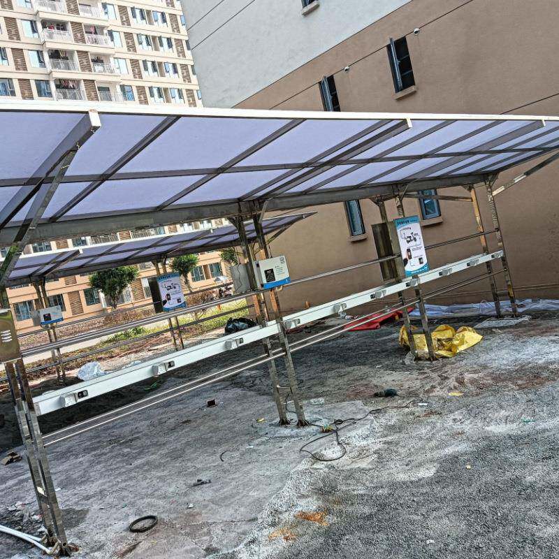 户外阳光构遮棚/小区耐力板停雨车棚/钢结电动车停单板车自行车停