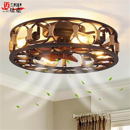 笼式吸风扇灯美复古式餐553厅卧室厅铁艺顶麻绳农舍风客扇灯