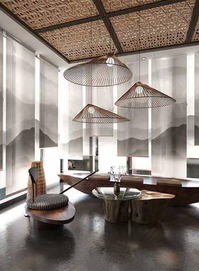 现代中式F96JMMM9卷帘玄挂屏风软隔断落地帘子关酒店餐窗厅软装式