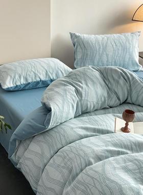 6品0支纯LY双层纱床上棉全四件套100棉床简约曲线蓝色床单3件套床