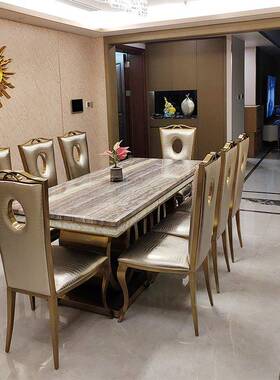 式轻奢长方形不锈钢豪餐厅家用户大理石ILJ餐桌华饭桌大型餐欧桌