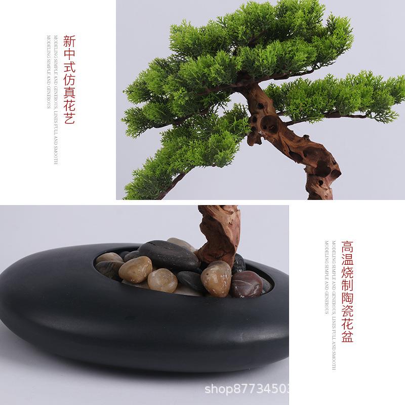 新中式迎客松摆件玄关边柜子装饰品办公室根雕造景茶台创意禅绿植图片