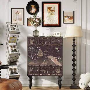 梵装 985实复古印花定制五斗柜木卧室靠墙储 彩屋中古风绘饰柜中式