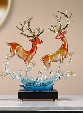 中式情侣鹿摆件招财仿面水晶客厅电视柜品装饰办XTZ公室桌新摆设