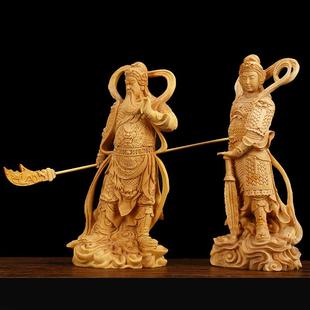 黄杨木雕左关公伽蓝韦陀奉尊者菩萨摆件右护法珈蓝·韦神门神像供
