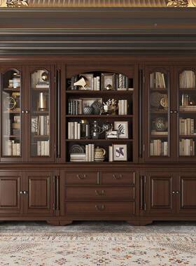 美一式实木书古IZC柜书柜柜子书橱复书房欧式体整墙玻璃满墙客厅