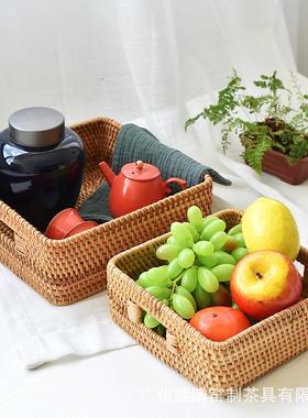 手工越南藤编迷你秋收纳框形茶水托盘用干NUG果点心篮方储物家篮