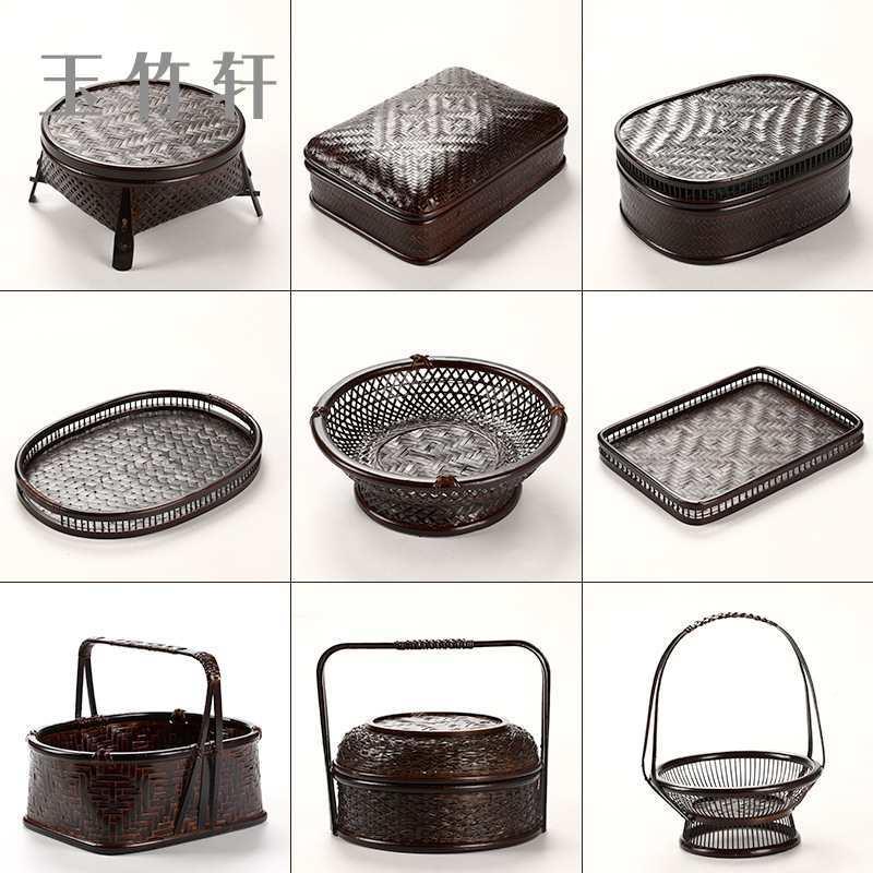 手工竹理编收纳盒收复古带盖茶具纳筐家用整提篮PDR中式托盘水