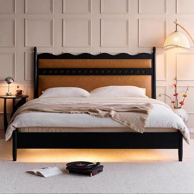 欧拉实木床中白赫本床蜡用木黑色轻.法式18古米床家双人落地软包