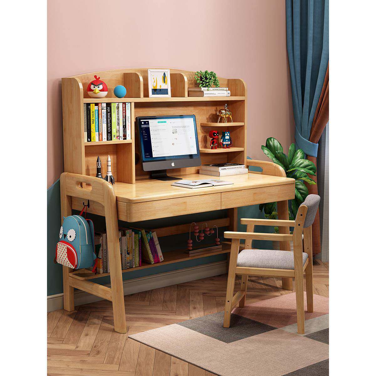 实木学习桌桌男孩儿童书书桌架一体约电脑桌家GWA用简卧室学生写