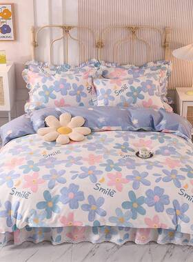 床裙四套件套花边防款滑花卉简RUD约风单双人床18m棉.床罩套aω