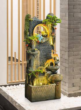 中式假山循环视流水旁喷泉家居轻奢电柜边招财玄新关客厅阳WMB台