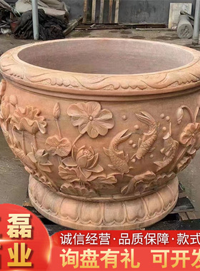 厂家石雕鱼缸晚霞红石缸青石中式美学石雕荷花石缸别墅花岗岩门海