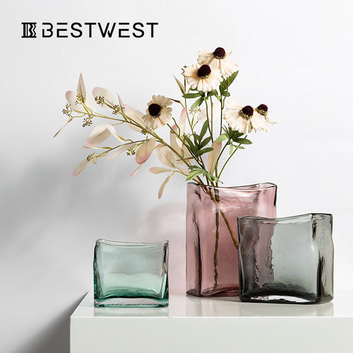 Best west 冷灰色透明水培玻璃花瓶摆件 样板房餐桌创意装饰花器