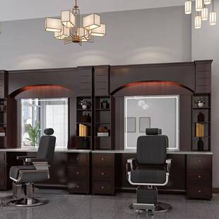 复古油头美发镜台男士养发馆专用实木台面理发店镜台发廊美发镜子