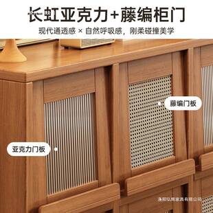 餐边柜厨房中古风茶水柜客厅收纳柜靠墙落地置物柜藤编格子柜带腿
