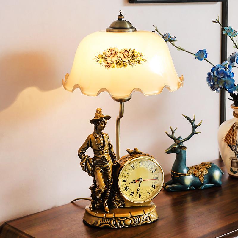 款美式新档台灯卧室头多功能钟高表ECF复古温床馨创意家用客厅书