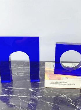 现代简约欧式蓝色烟灰色水晶玻璃几何门型摆件样板房软装饰品